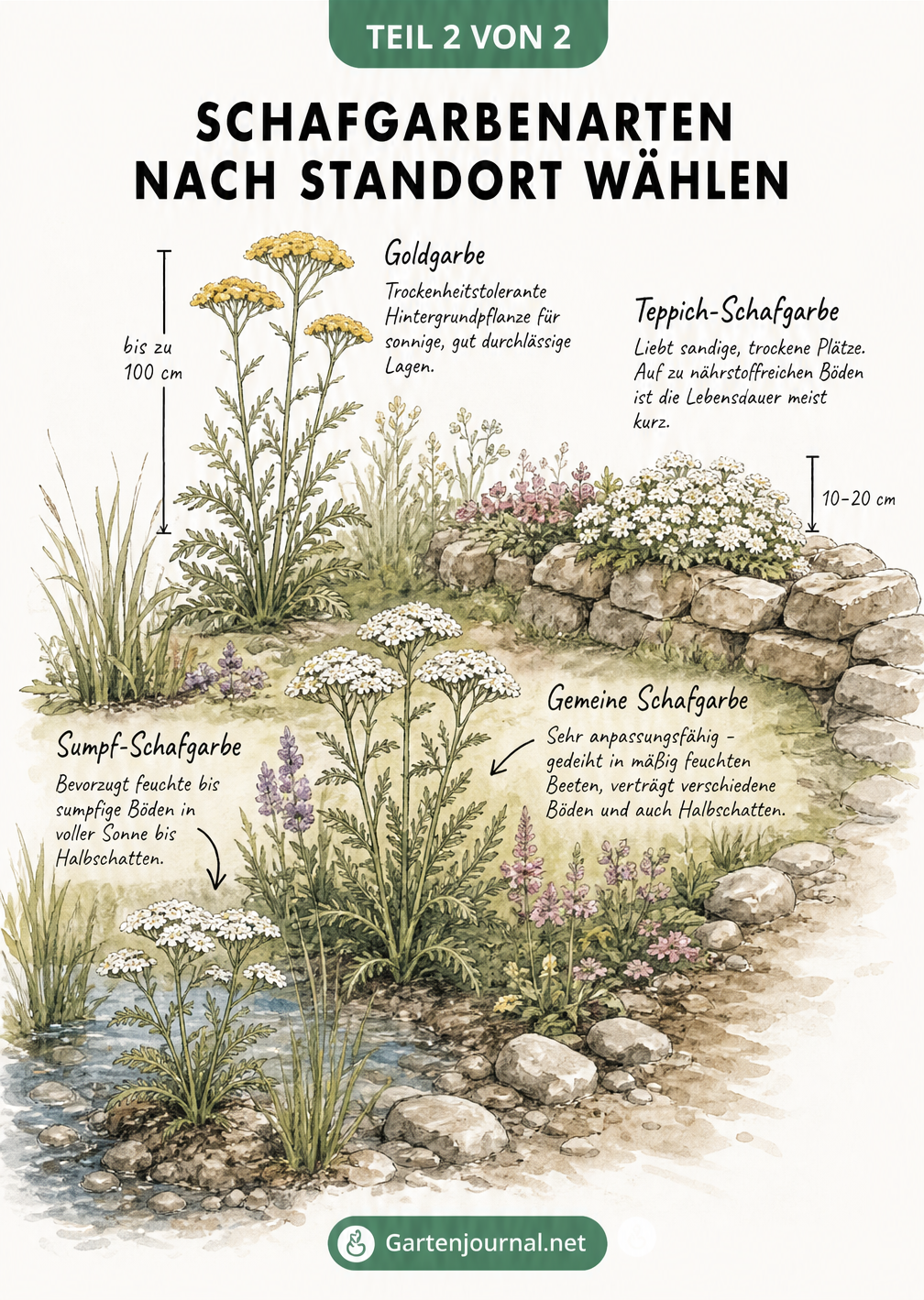 Skizze einer Gartenlandschaft mit vier Mikroklimata, die zeigt, welche Schafgarbenart an feuchten, mäßig feuchten, trockenen oder steinigen Standorten wächst.