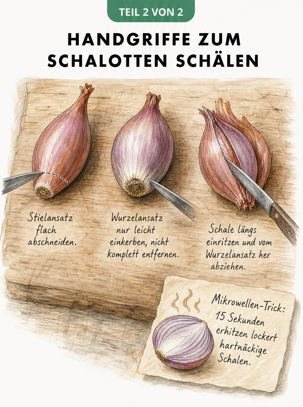 Skizze der klassischen Methode zum Schalotten schälen: Stielansatz abschneiden, Wurzelansatz einkerben und Schale längs abziehen.
