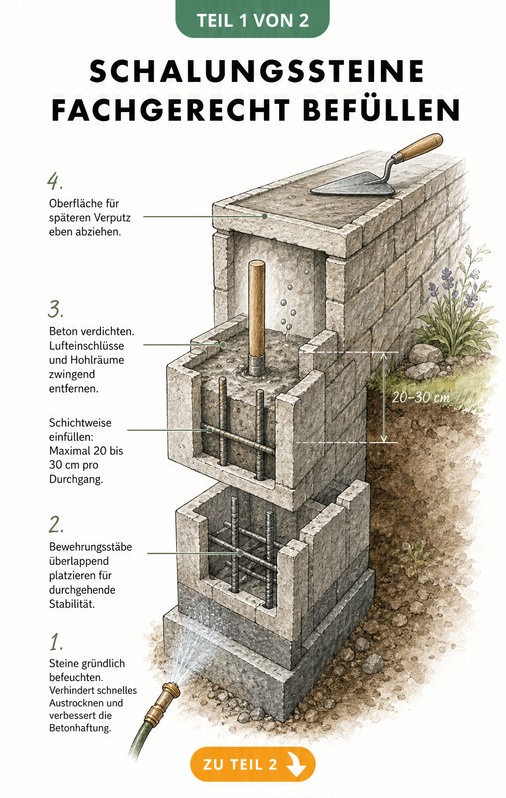 Isometrische Schnittdarstellung einer Gartenmauer aus Schalungssteinen, die die vier Bauphasen vom Fundament bis zum glatten Abschluss zeigt.