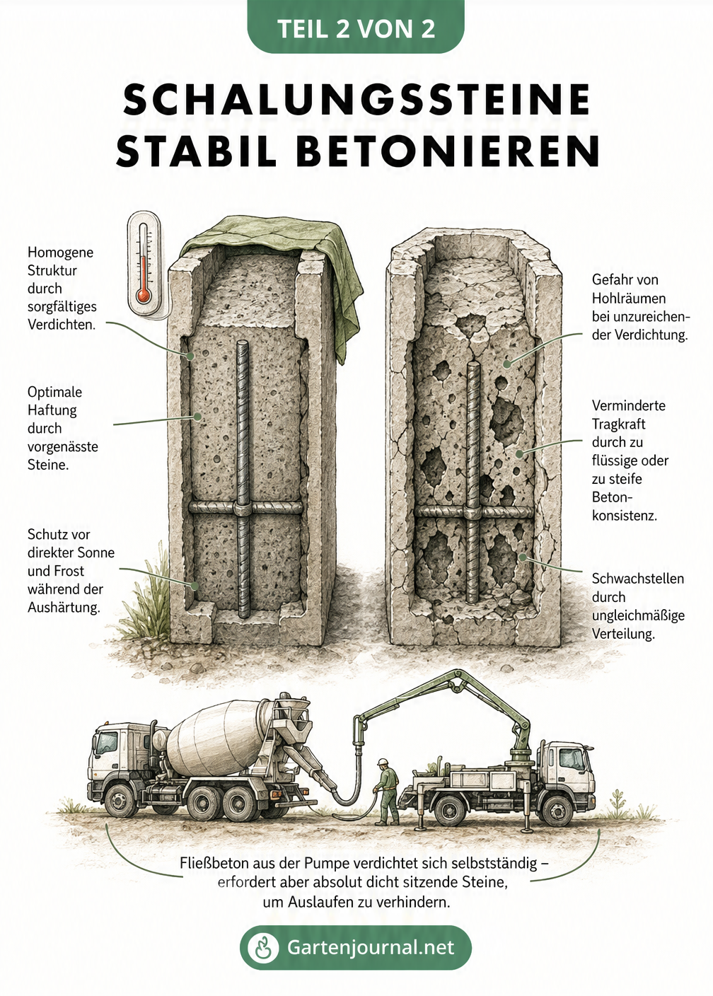 Querschnitts-Illustration zweier Schalungssteine im Vergleich: links mit homogener Betonstruktur, rechts mit Hohlräumen und Rissen.