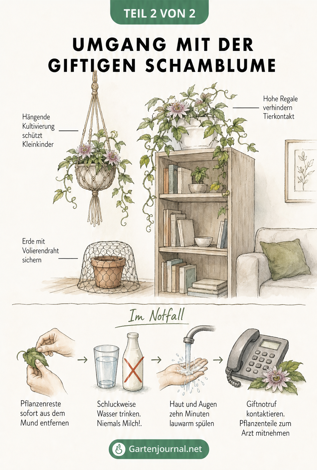 Illustration einer Wohnzimmerszene mit hängender Schamblume und Notfallprotokoll bei Vergiftung.