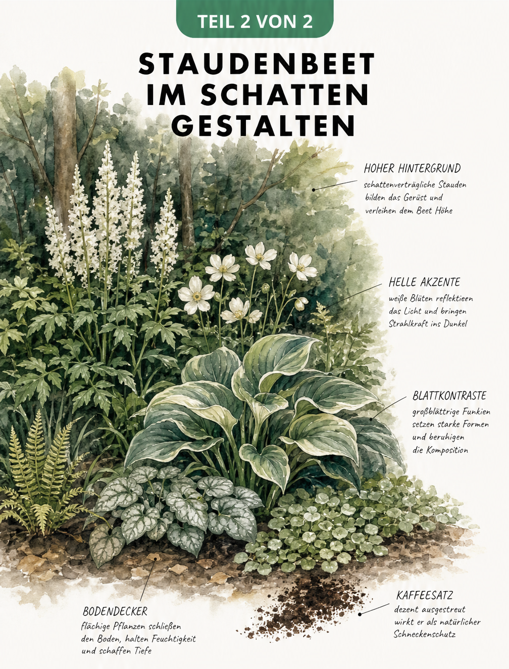 Aquarellierte Querschnitt-Zeichnung eines Schattenbeets, die die räumliche Schichtung von hohen Stauden, weißen Blüten, großblättrigen Funkien und...
