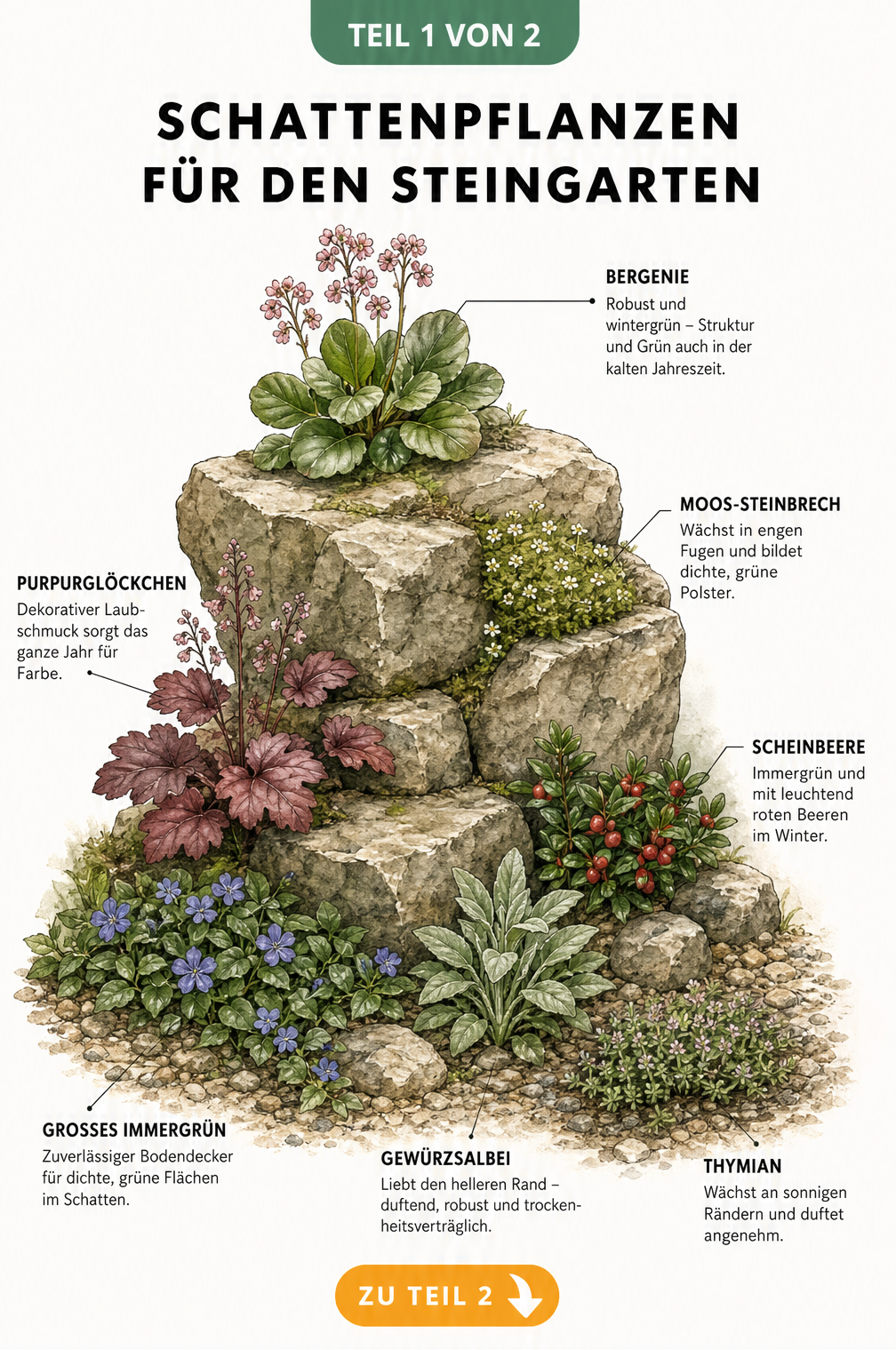 Illustration einer terrassierten Felsformation mit Schattenpflanzen wie Bergenie, Moos-Steinbrech und Großem Immergrün für den Steingarten.