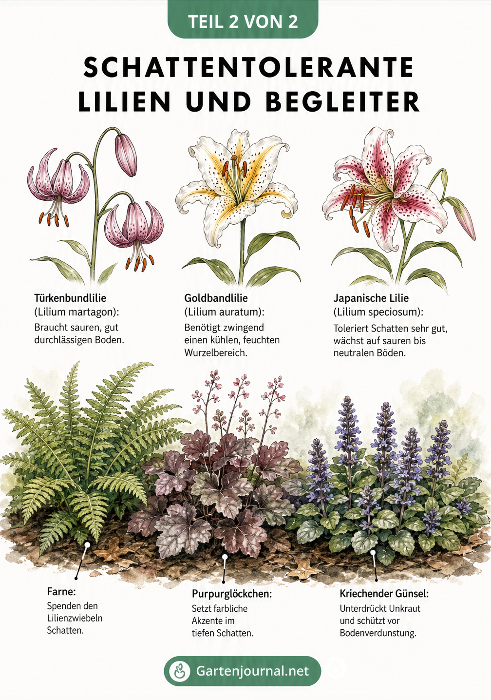 Botanische Illustration von drei schattentoleranten Lilienarten und drei passenden Begleitpflanzen wie Farn und Purpurglöckchen.