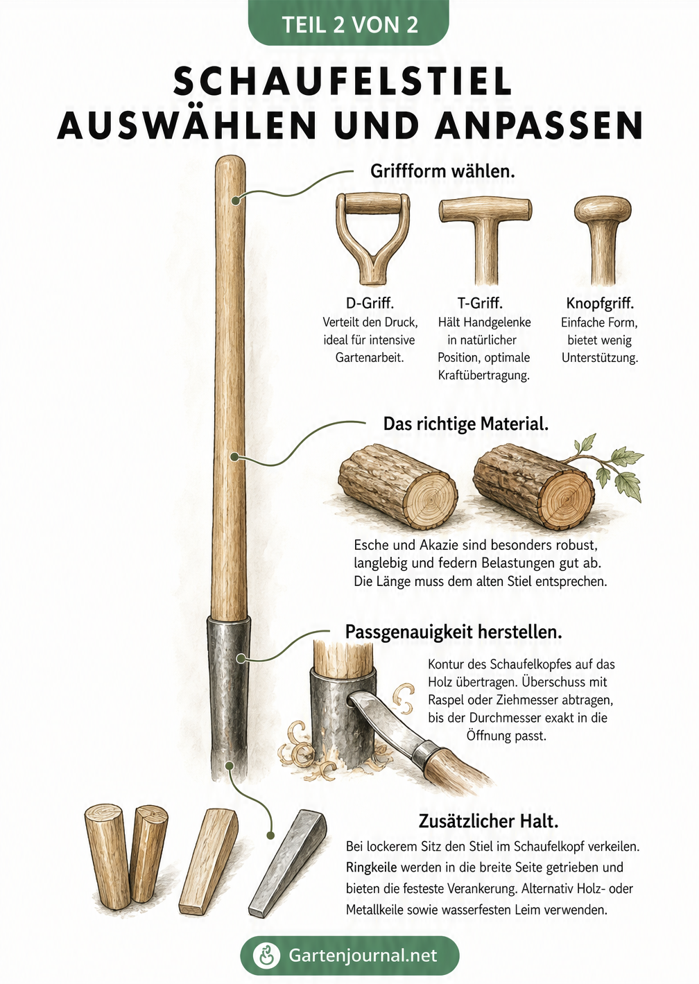 Illustration zur Auswahl und Anpassung eines Schaufelstiels: Griffformen, Holzarten, Durchmesser anpassen und Keile zur Fixierung.