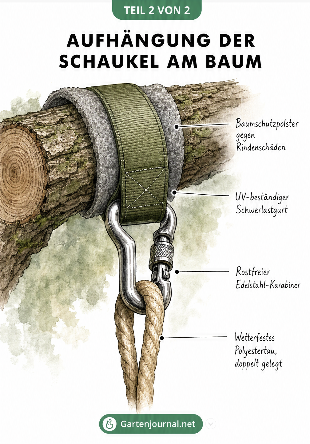 Nahaufnahme der Schaukelaufhängung am Baumstamm mit Baumschutzpolster, Schwerlastgurt, Edelstahl-Karabiner und Polyestertau.