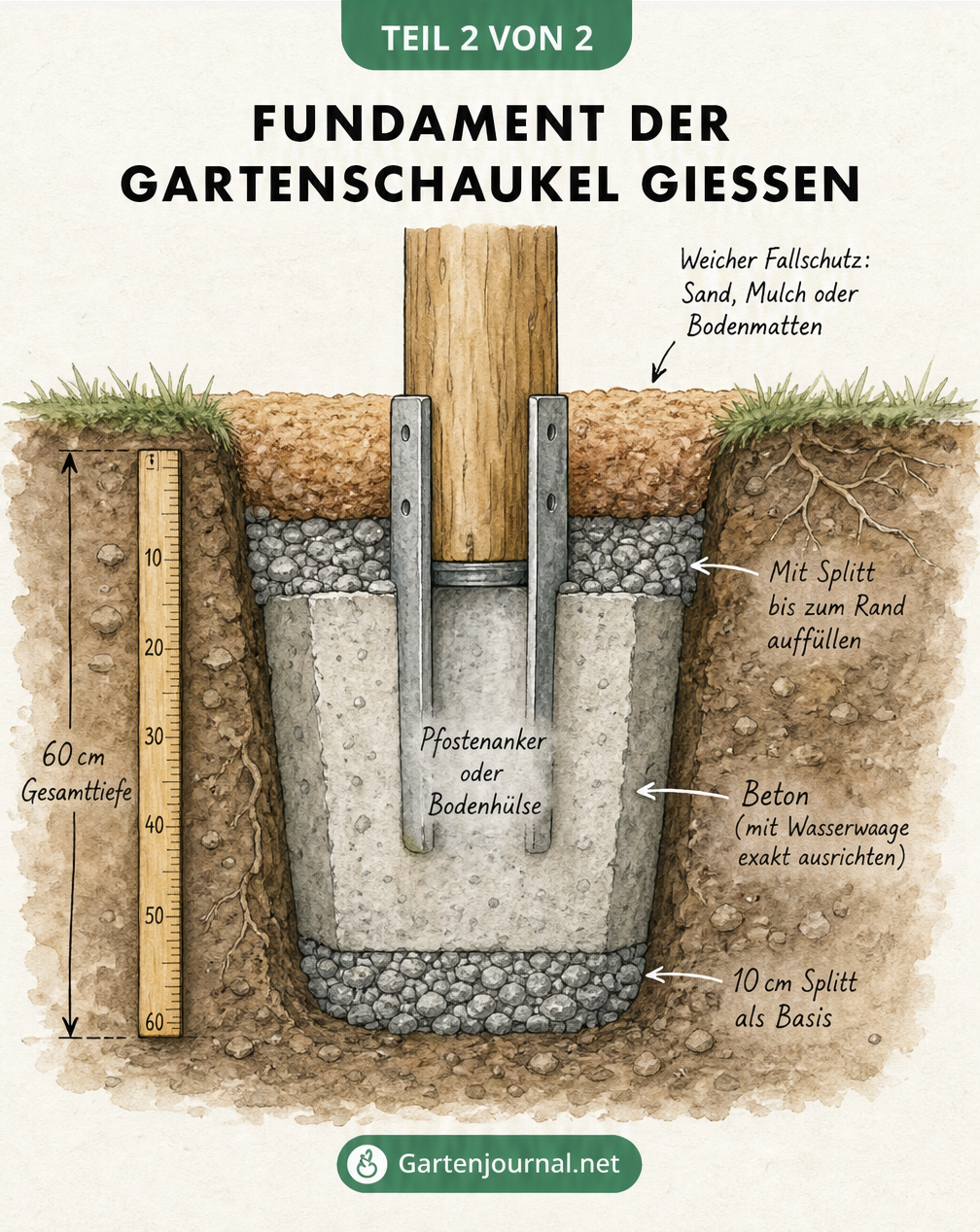 Querschnitt eines Schaukelfundaments mit Splitt, Beton und Pfostenanker