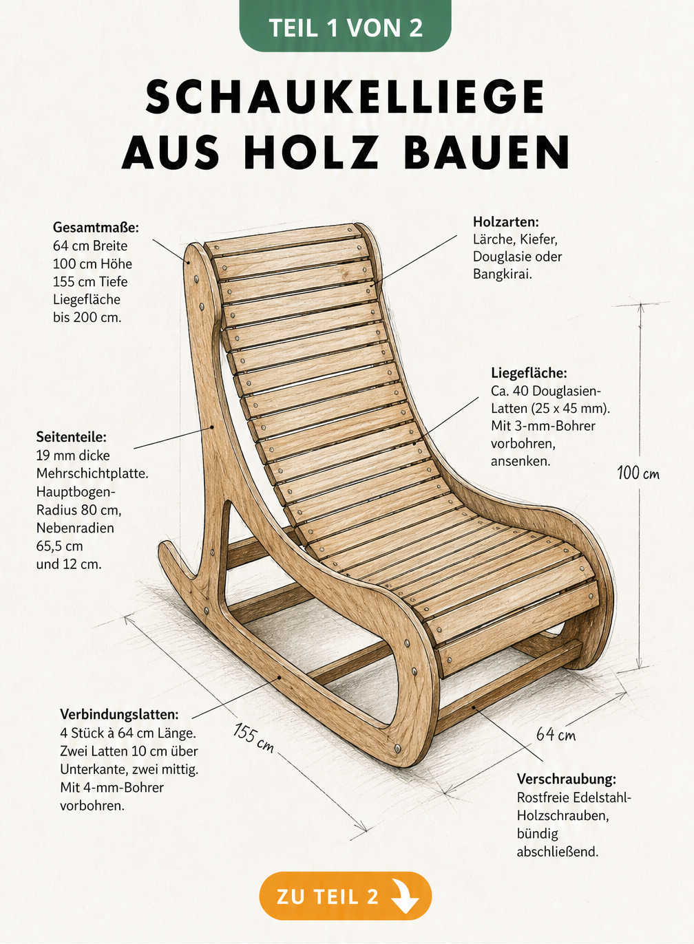 Isometrische Risszeichnung einer Schaukelliege aus Holz mit detaillierten Maßangaben und Materialhinweisen