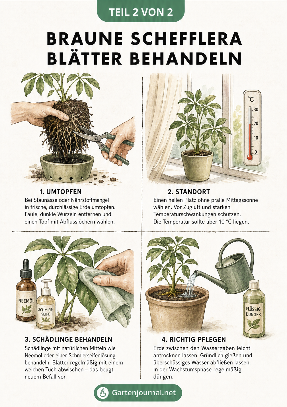 Illustrationen zur Behandlung einer Schefflera: Wurzeln schneiden, idealer Standort, Blätter abwischen und richtig gießen.