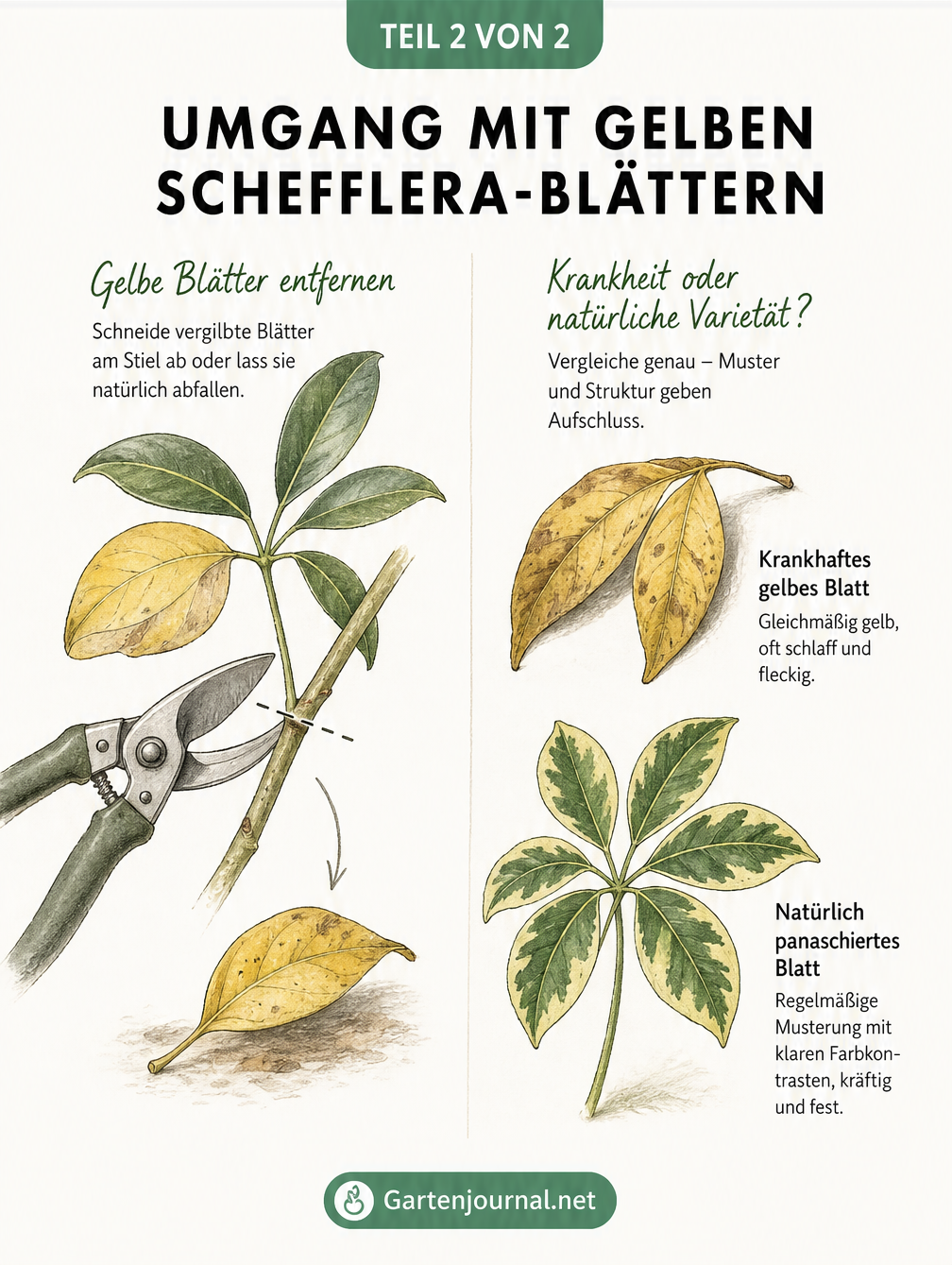 Skizze, die das Abschneiden eines gelben Schefflera-Blattes zeigt und den Unterschied zwischen kranken und natürlich panaschierten Blättern verdeutlicht.
