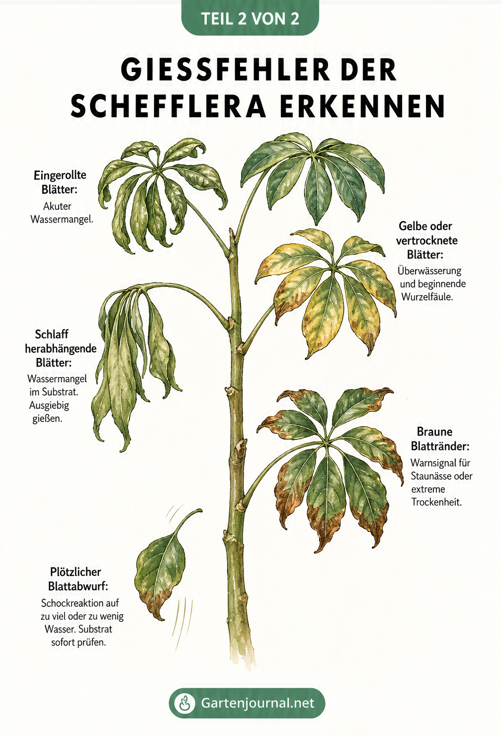Illustration eines Schefflera-Stamms mit verschiedenen Blättern, die Symptome für Gießfehler wie gelbe, braune oder schlaffe Blätter zeigen.