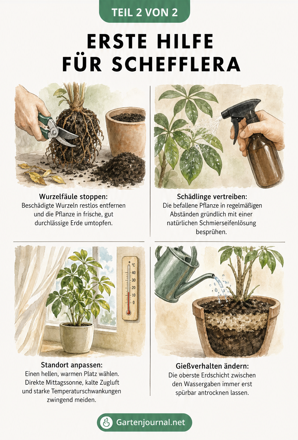 Vier Illustrationen zur Ersten Hilfe bei Schefflera: Wurzelfäule stoppen, Schädlinge vertreiben, Standort anpassen und Gießverhalten ändern