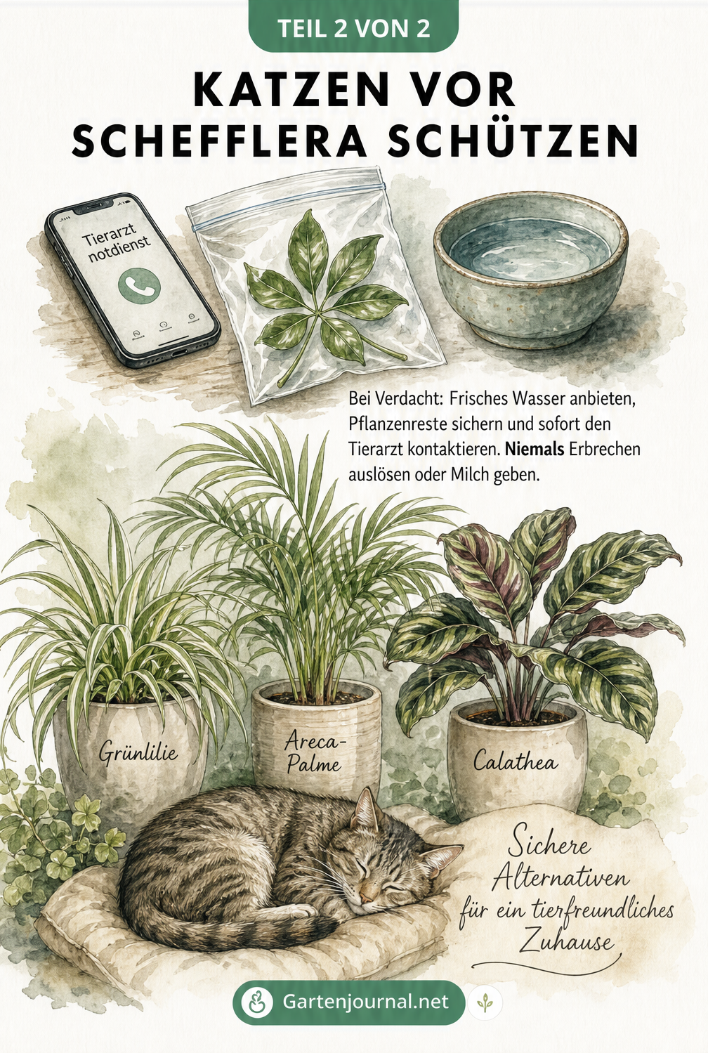 Illustration mit Tipps zur Ersten Hilfe bei einer Schefflera-Vergiftung und sicheren Pflanzen-Alternativen für Katzen.