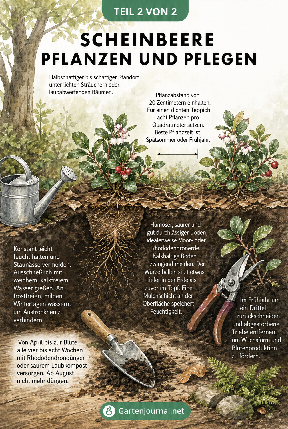 Querschnitt durch ein Gartenbeet mit Scheinbeeren, Bodenstruktur, Gießkanne und Gartenschere