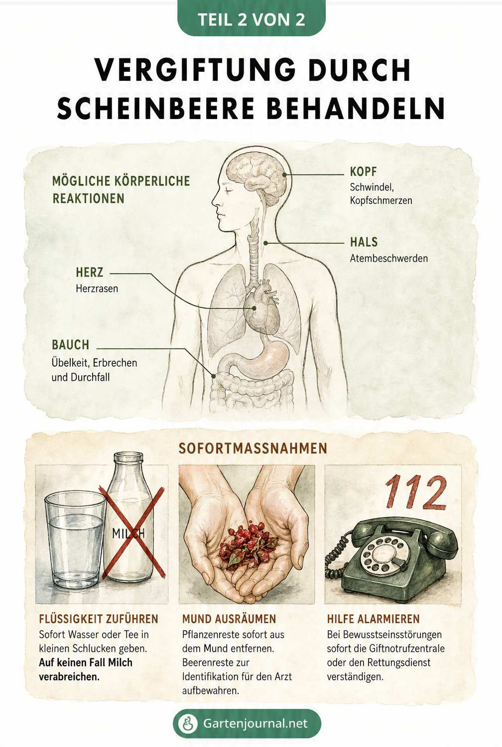 Medizinisches Schaubild, das die körperlichen Symptome einer Scheinbeeren-Vergiftung und die sofortigen Erste-Hilfe-Maßnahmen zeigt.