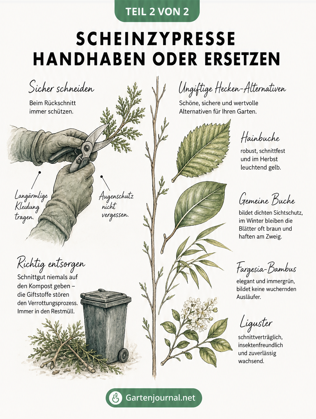Illustration von Gartenhandschuhen und Astschere sowie vier ungiftigen Hecken-Alternativen zur Scheinzypresse wie Hainbuche und Liguster