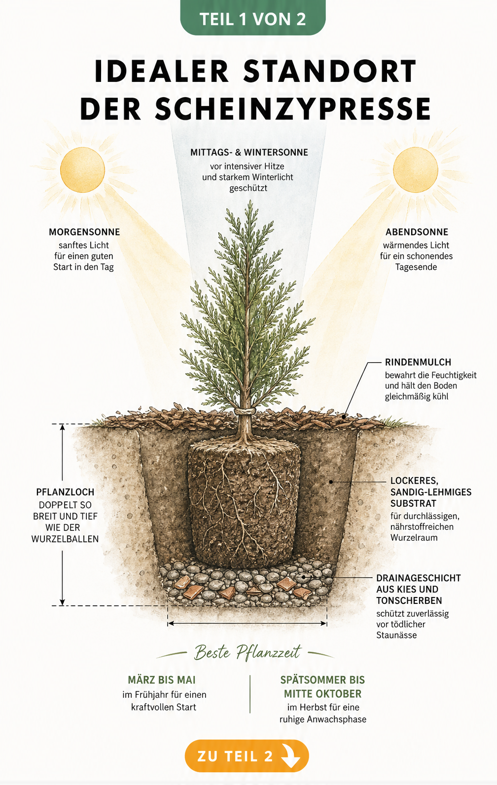 Querschnitt-Illustration einer jungen Scheinzypresse im Erdreich mit Wurzelballen, Drainageschicht und Rindenmulch