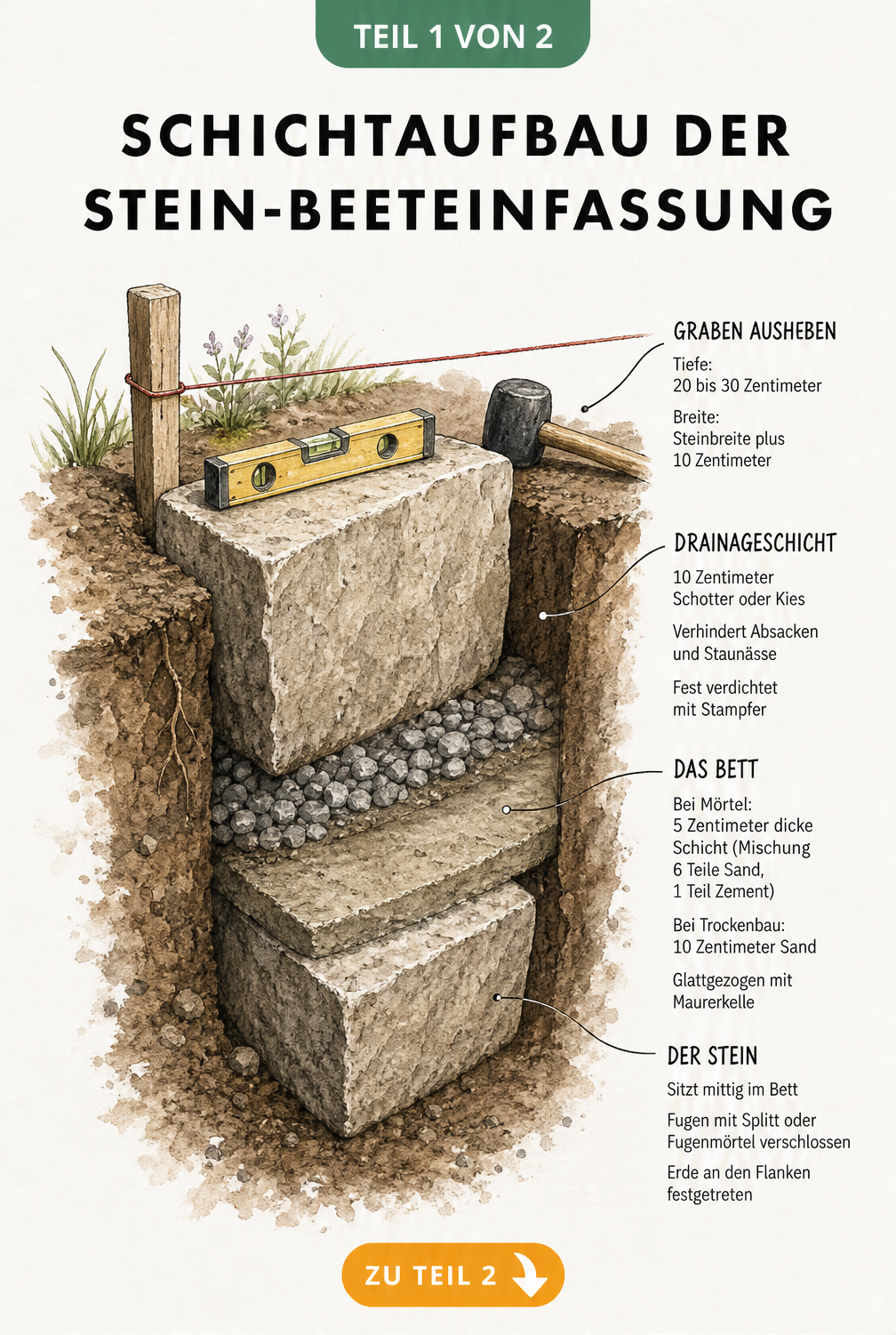 Querschnitt einer Beeteinfassung aus Stein mit Graben, Drainageschicht, Mörtelbett und Naturstein