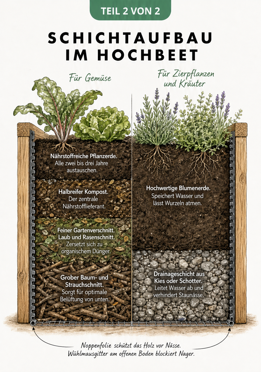 Querschnitt durch ein Holzhochbeet mit Schichtaufbau für Gemüseanbau und Zierpflanzen