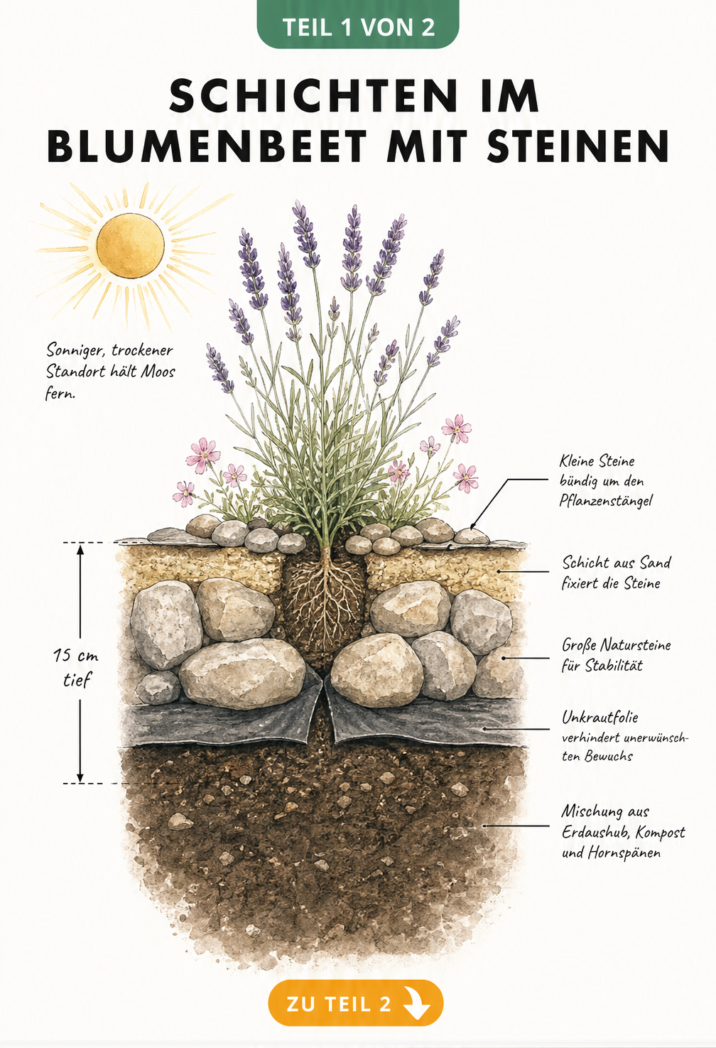 Querschnitt-Skizze eines Blumenbeets mit Steinen, die den 15 cm tiefen Aufbau mit Erdaushub, Kompost, Unkrautfolie, Sand und Natursteinen zeigt.