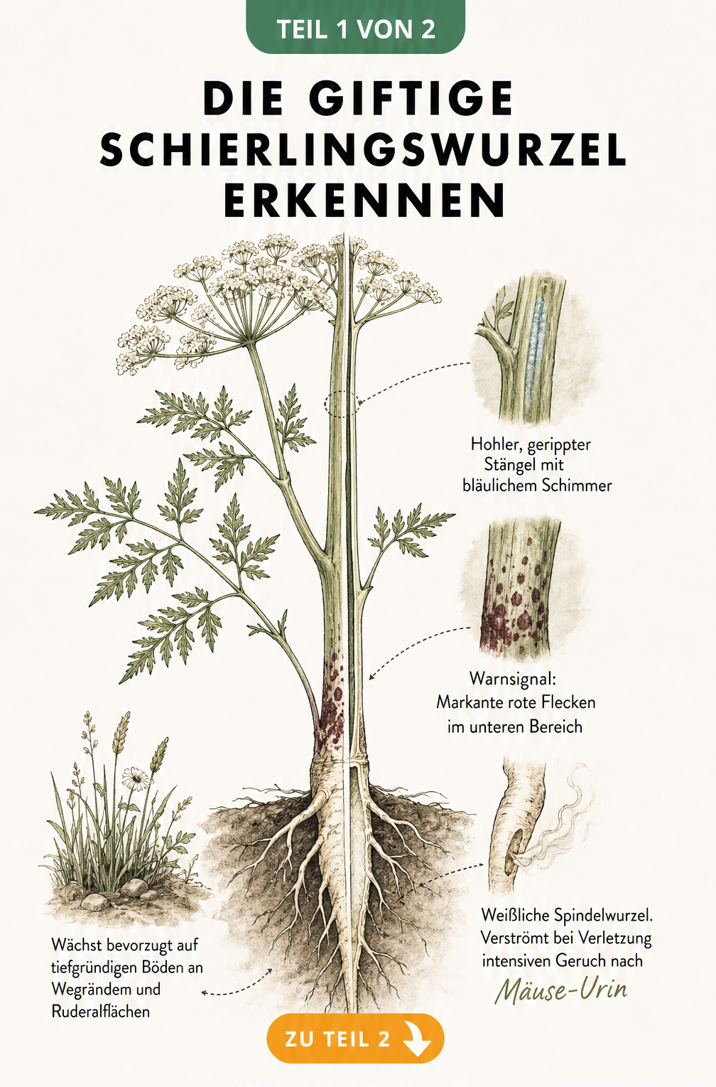 Botanische Illustration der Schierlingswurzel mit hohlem, geripptem Stängel, roten Flecken und weißlicher Spindelwurzel