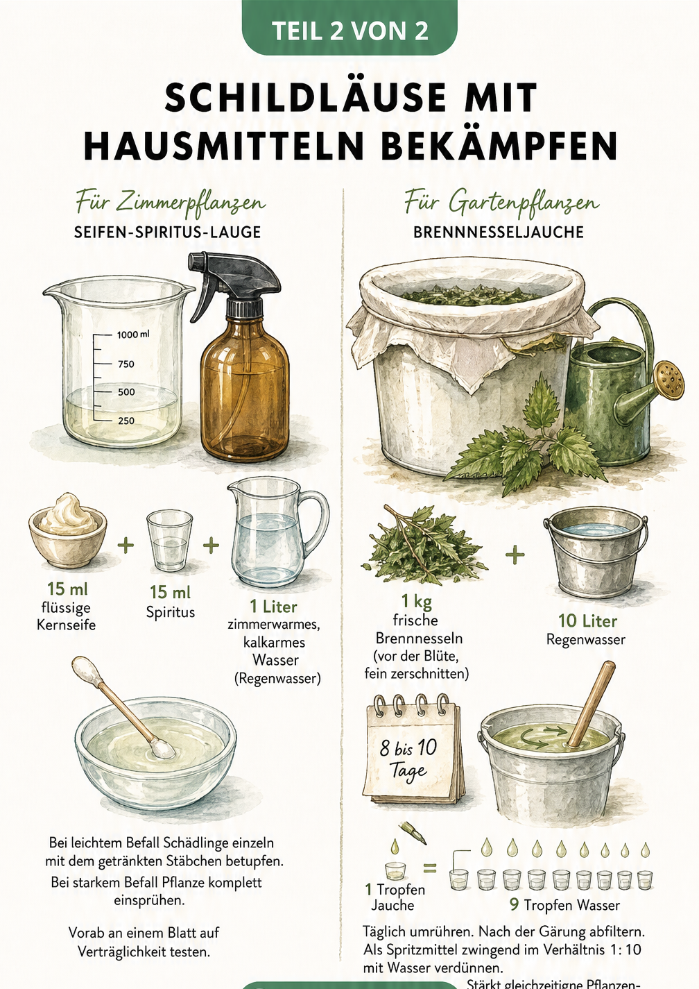 Illustration von Hausmitteln gegen Schildläuse: Seifen-Spiritus-Lauge für Zimmerpflanzen und Brennnesseljauche für Gartenpflanzen