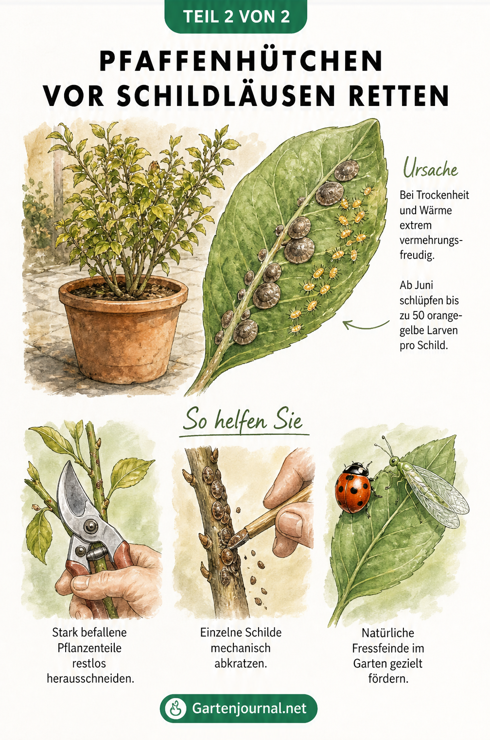 Illustration zur Bekämpfung von Schildläusen am Pfaffenhütchen durch Rückschnitt, Abkratzen und Nützlinge