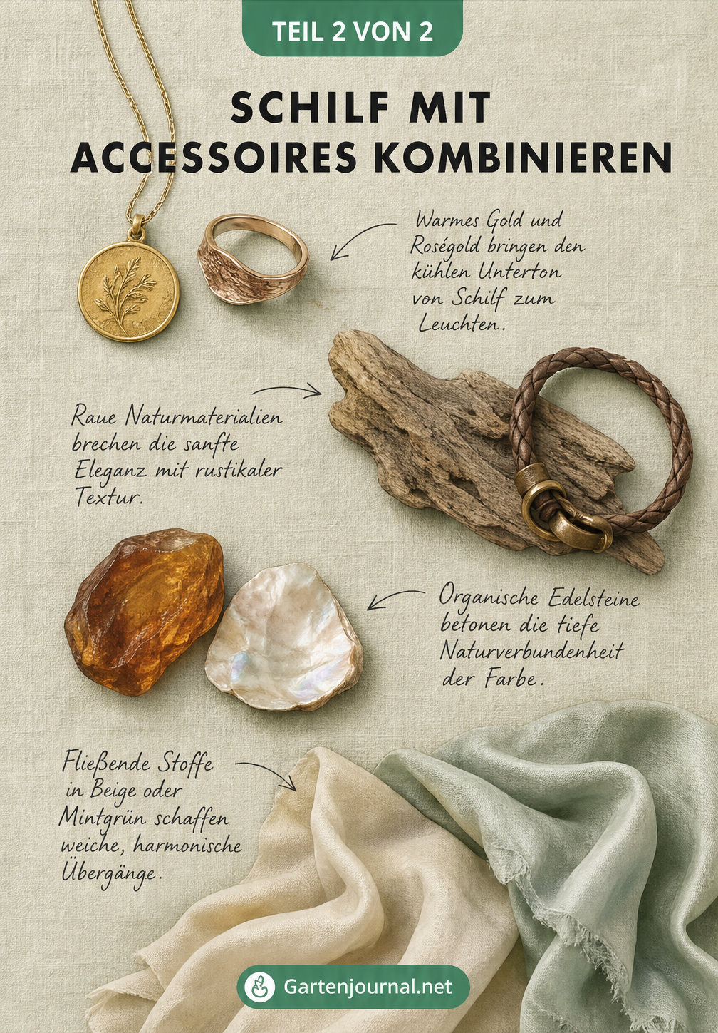Flatlay mit schilffarbenem Leinenstoff, Goldanhänger, Holz, Lederband, Bernstein und Seidentuch