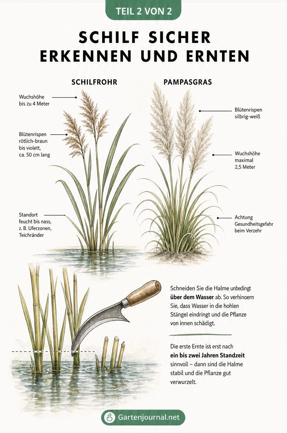 Gegenüberstellung von Schilfrohr und giftigem Pampasgras sowie eine Illustration zum richtigen Schnitt von Schilf über der Wasseroberfläche