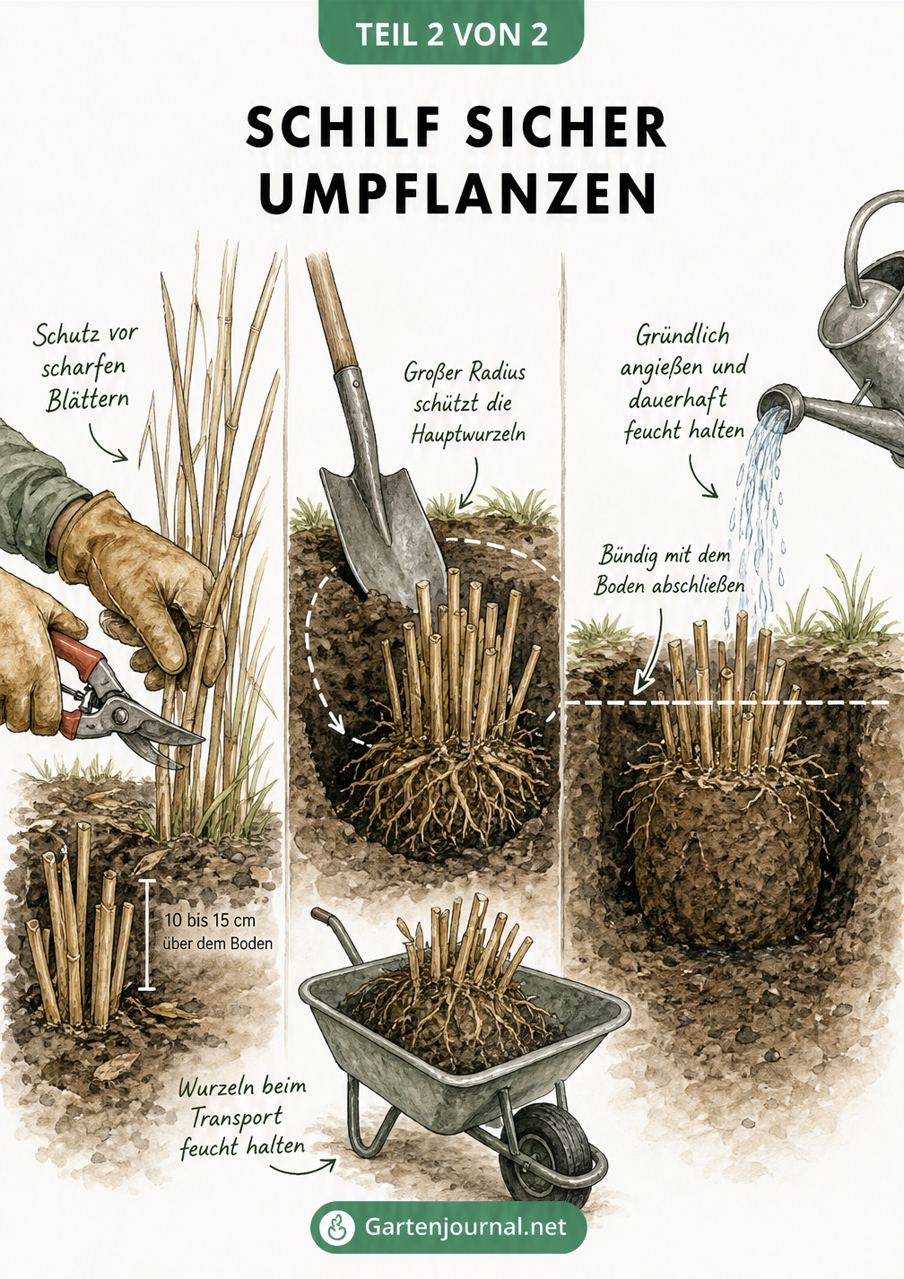 Illustration der drei Schritte beim Umpflanzen von Schilf: Rückschnitt, Ausgraben und Einsetzen