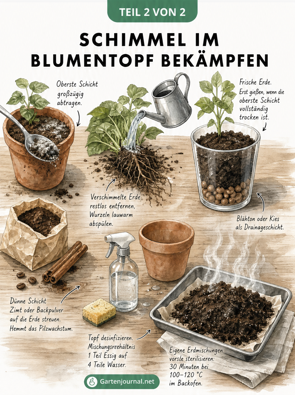 Illustration eines Pflanztisches mit Hausmitteln wie Zimt und Kaffeepulver sowie Schritten zum Umtopfen und Desinfizieren.