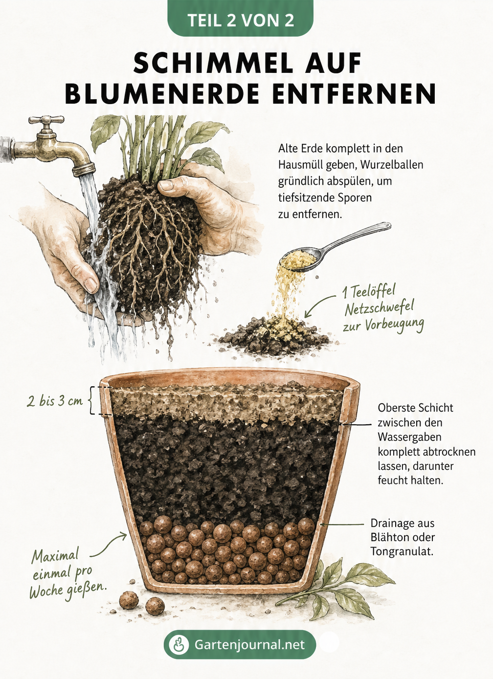 Illustration, die zeigt, wie man schimmelnde Blumenerde entfernt, die Wurzeln abspült und die Pflanze mit Drainage und frischer Erde neu eintopft.