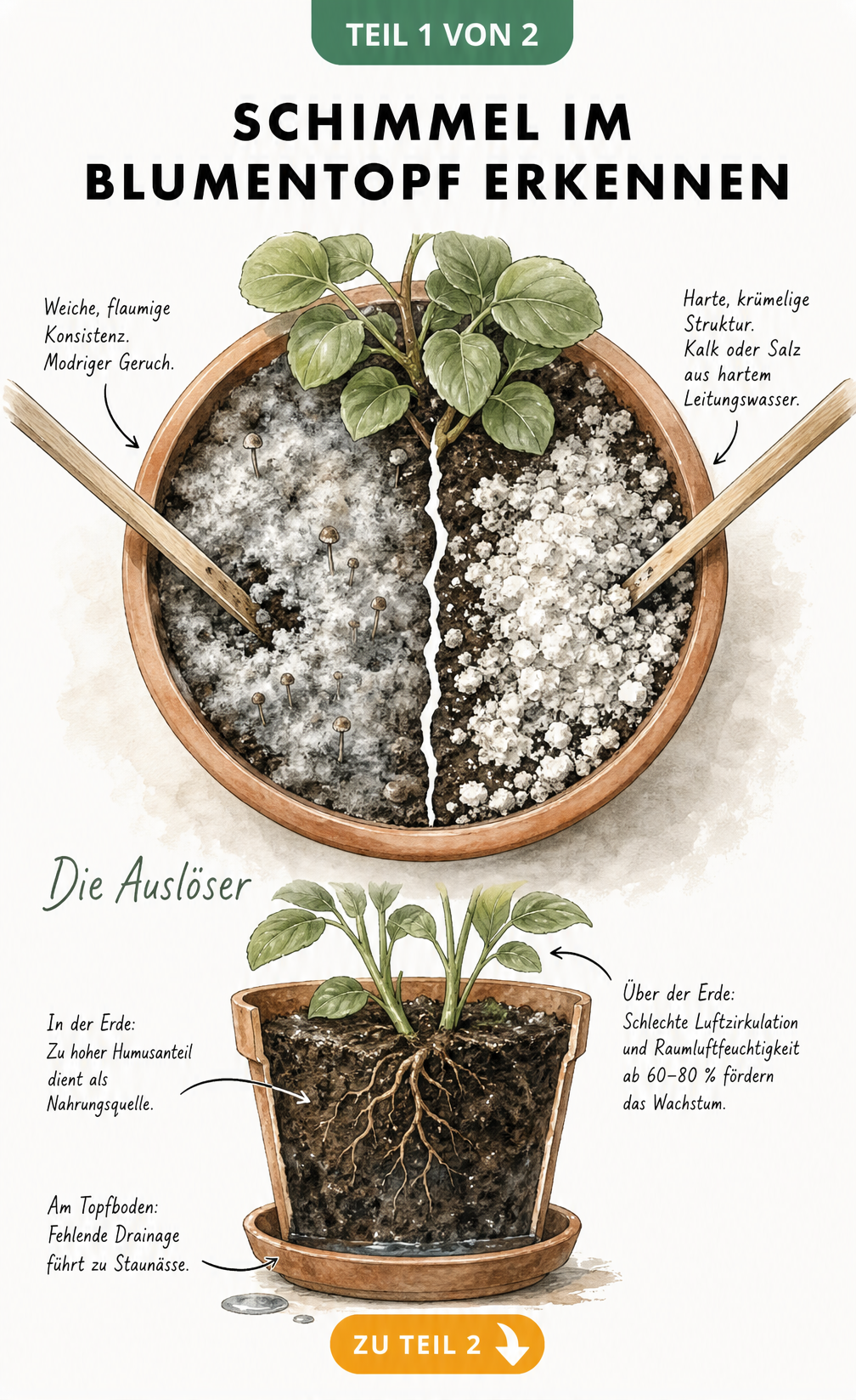 Illustration eines Blumentopfs, der in zwei Hälften geteilt ist: links weicher Schimmelbefall, rechts harte Kalkablagerungen.