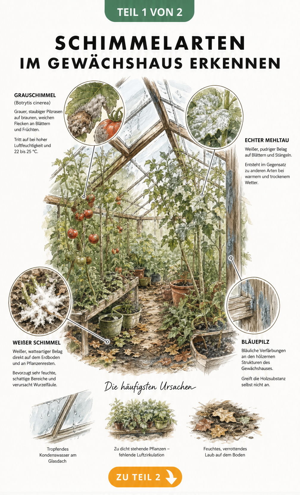 Illustration von vier Schimmelarten im Gewächshaus: Grauschimmel, Echter Mehltau, Weißer Schimmel und Bläuepilz mit Ursachen wie Kondenswasser und fehlender...