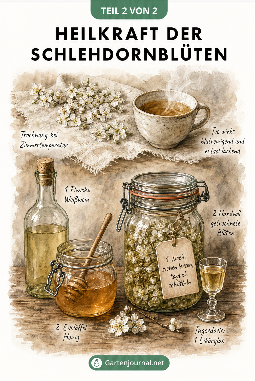 Rezept für ein Stärkungsmittel aus Schlehdornblüten, Weißwein und Honig