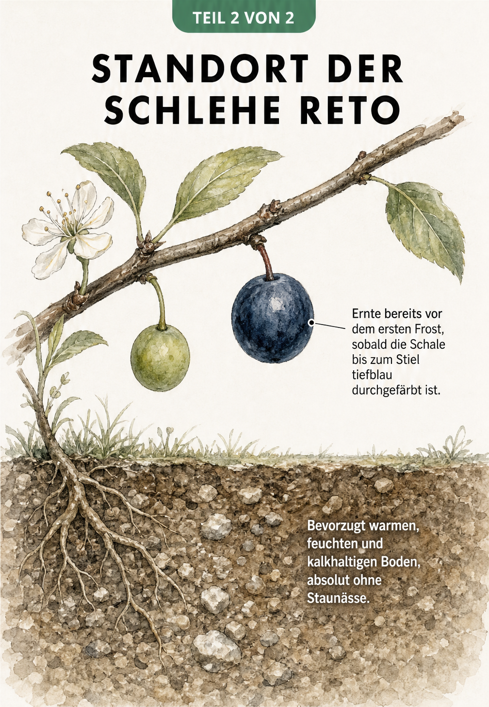 Schnittzeichnung des idealen Bodens für die Schlehe Reto mit Darstellung des Reifeprozesses der Früchte am Zweig.