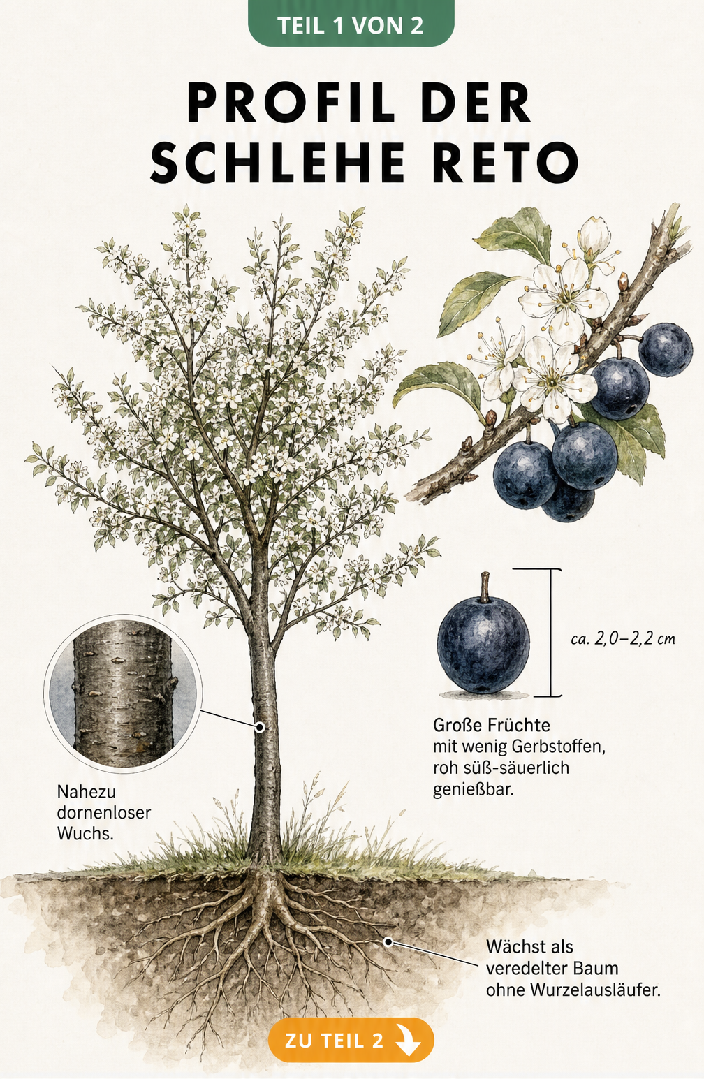 Botanische Illustration der Schlehe Reto als schlanker Kleinbaum mit dunkler Borke, großen dunkelblauen Früchten und weißen Blüten.