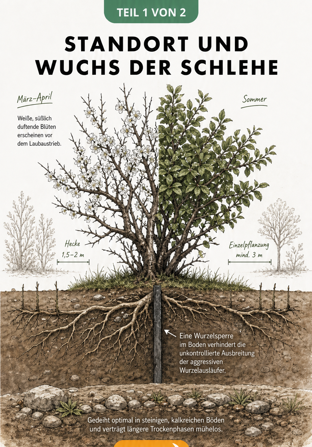 Botanische Illustration eines Schlehenstrauchs mit Blüten, Blättern und weitreichendem Wurzelsystem im Querschnitt