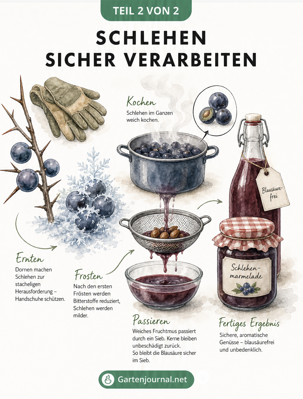 Illustration der sicheren Verarbeitung von Schlehen: Ernte mit Handschuhen, Frosten, Kochen im Ganzen und Passieren durch ein Sieb.