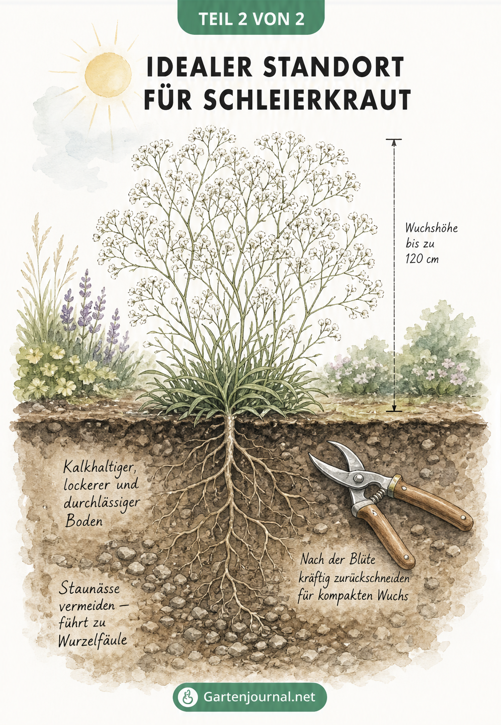 Erdschnitt-Illustration eines Schleierkrauts im Gartenbeet mit Maßlinie, Sonne und Bodenstruktur