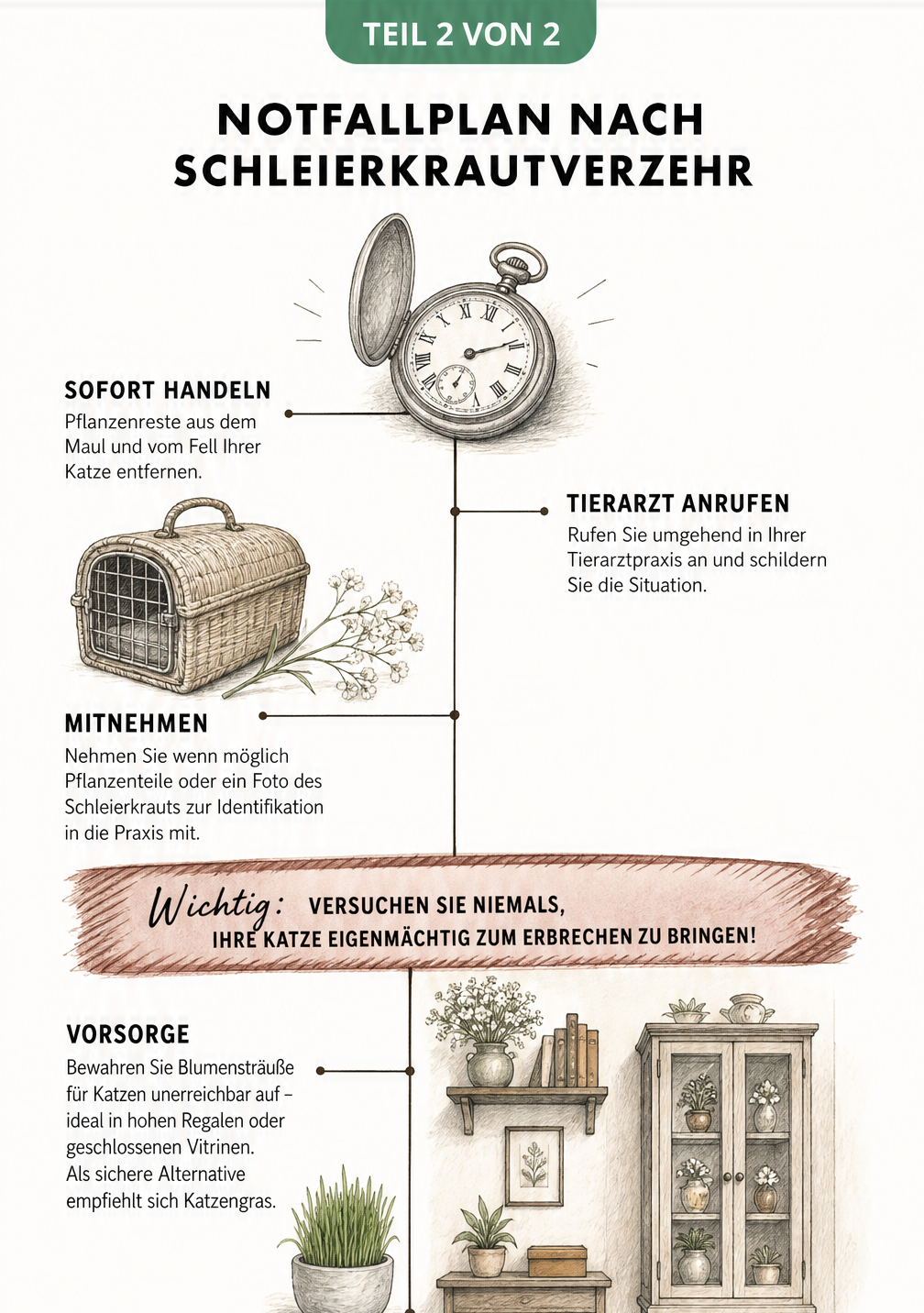 Zeitstrahl mit Notfallmaßnahmen nach dem Verzehr von Schleierkraut durch eine Katze, inklusive Tierarztbesuch und sicheren Standorten für Blumensträuße.