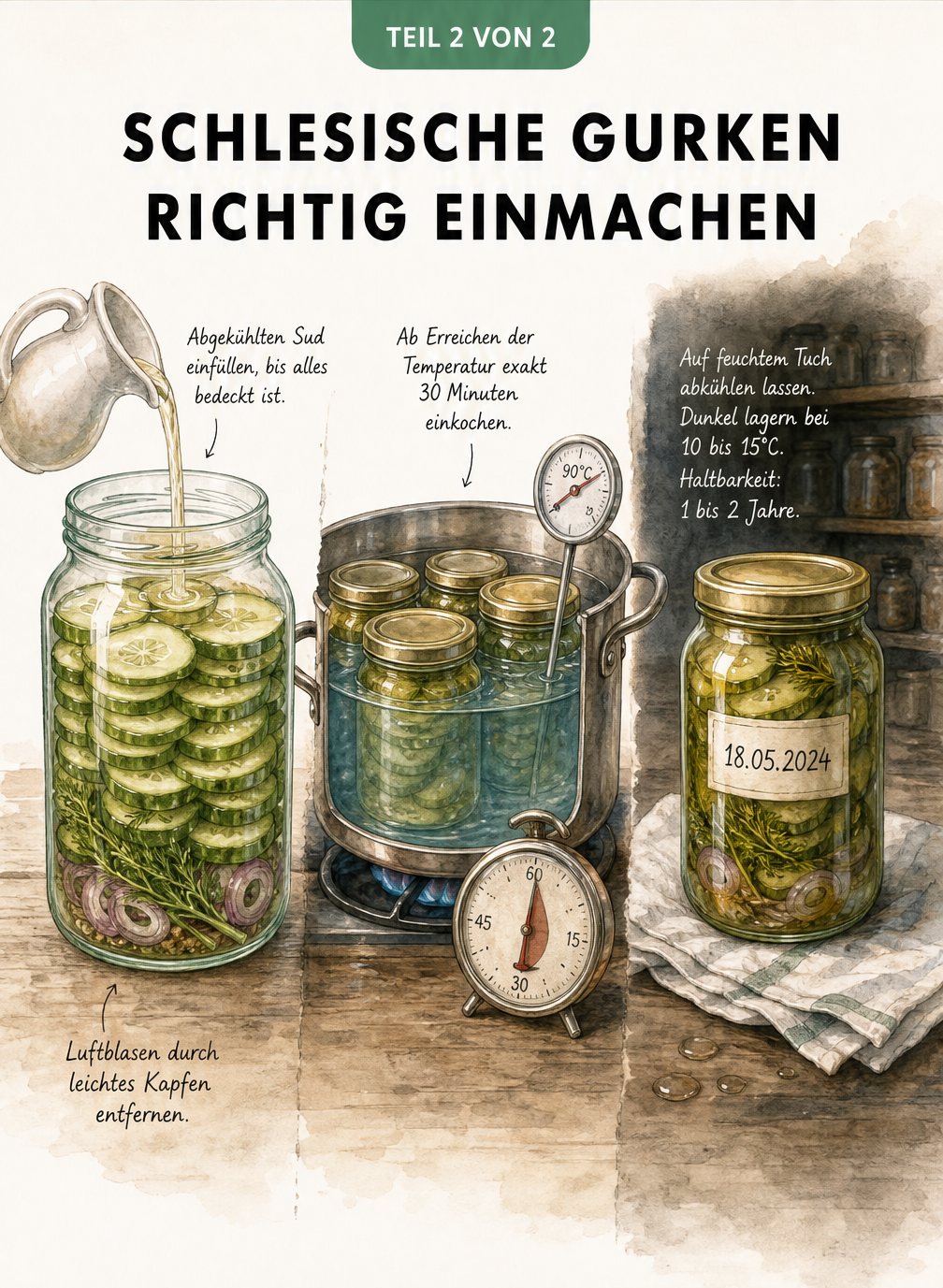 Schlesische Gurken richtig einmachen: Gurken im Glas schichten, im Topf einkochen und abkühlen lassen