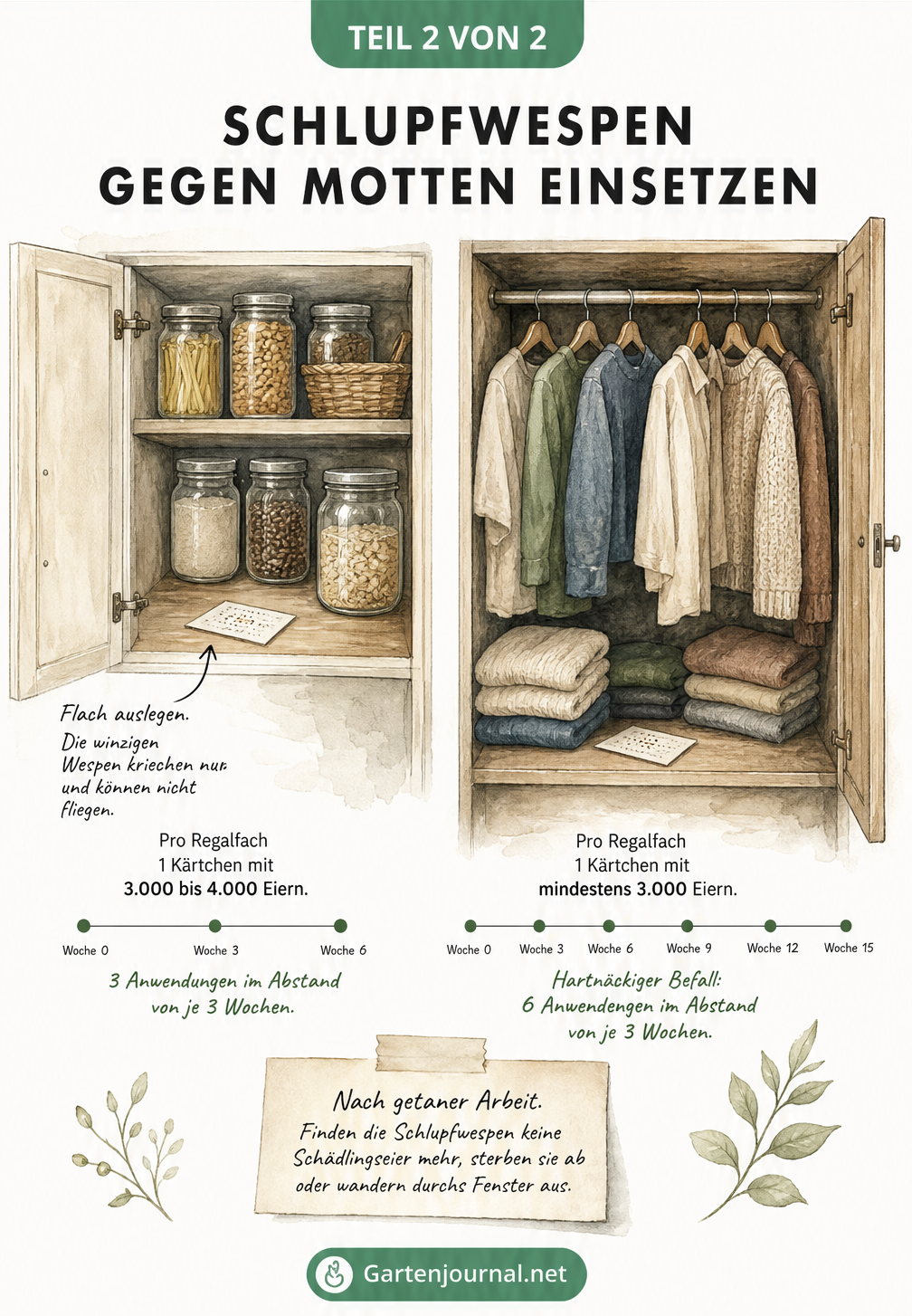 Vergleich der Anwendung von Schlupfwespen-Kärtchen gegen Lebensmittelmotten in der Küche und Kleidermotten im Kleiderschrank.
