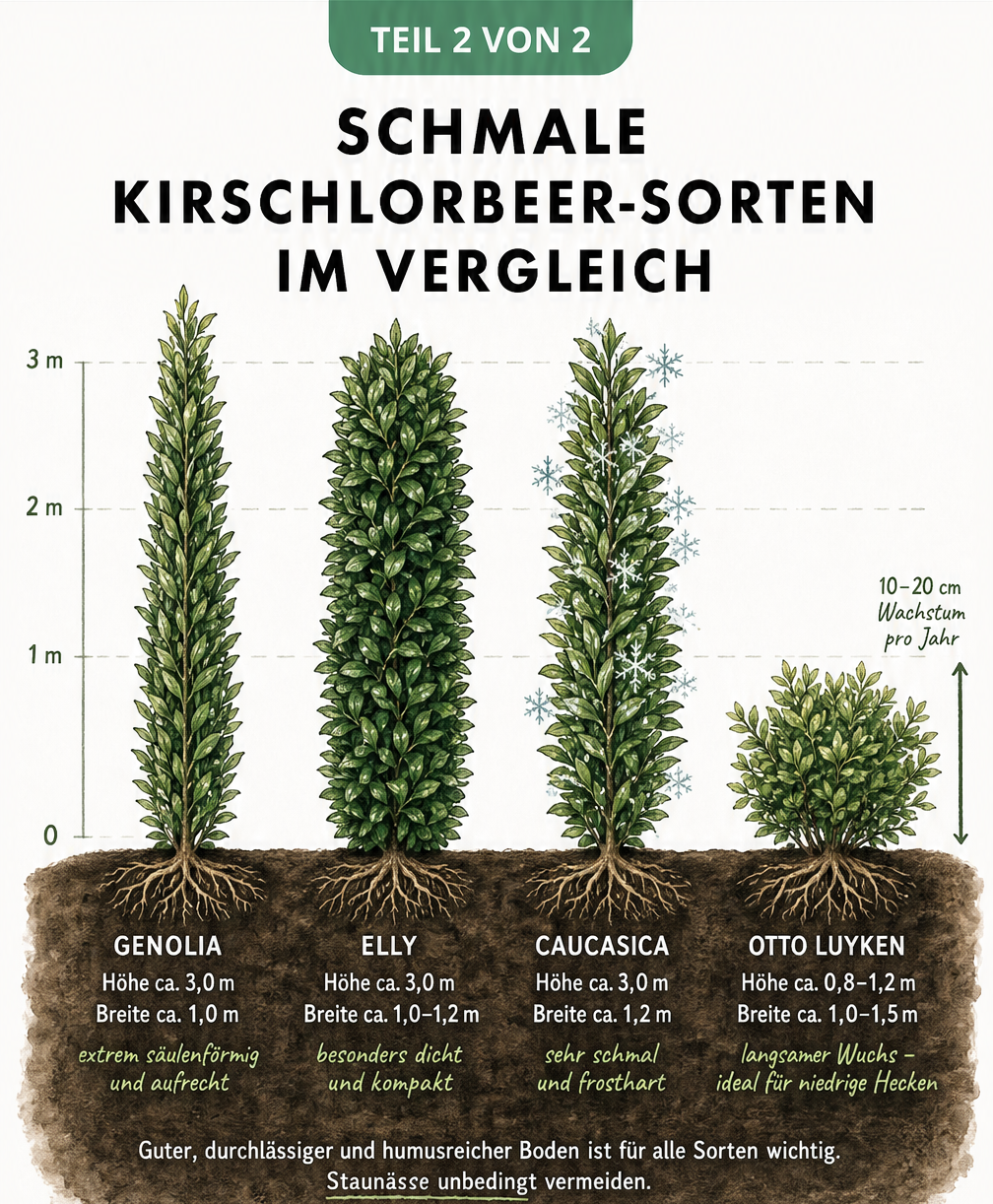 Vergleich von vier schmalen Kirschlorbeer-Sorten: Genolia, Elly, Caucasica und Otto Luyken