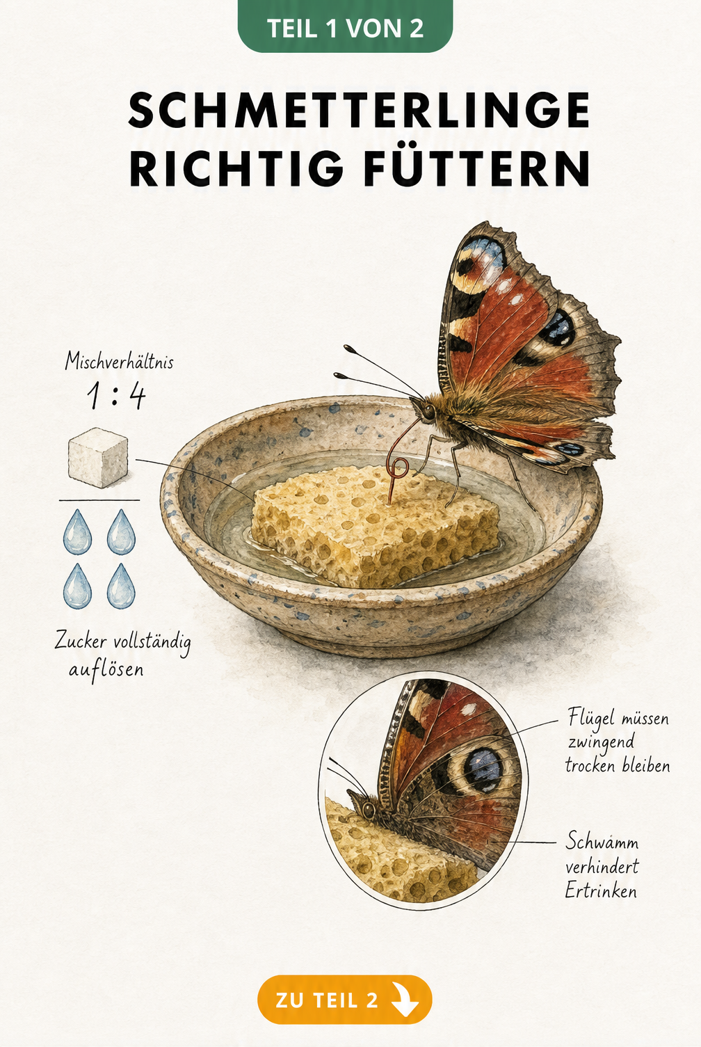 Illustration einer Keramikschale mit Schwamm und Zuckerlösung, an der ein Tagpfauenauge saugt, inklusive Mischverhältnis