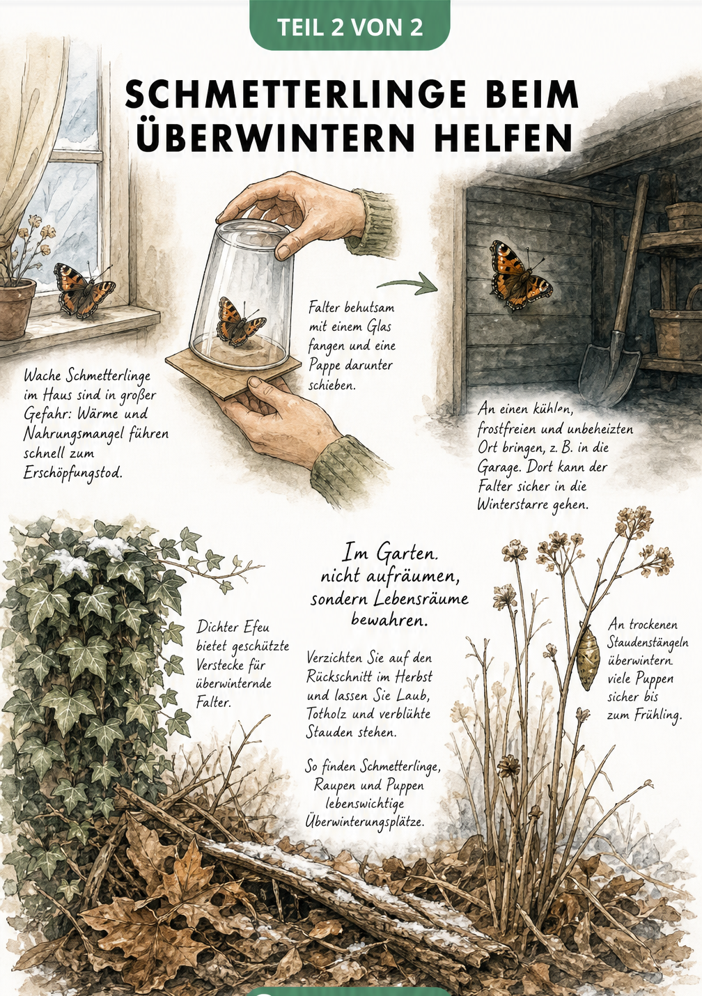 Illustration zur Rettung von Schmetterlingen im Winter: Transport aus beheizten Räumen in kühle Garagen und naturnahe Gartengestaltung mit Laub und Totholz.
