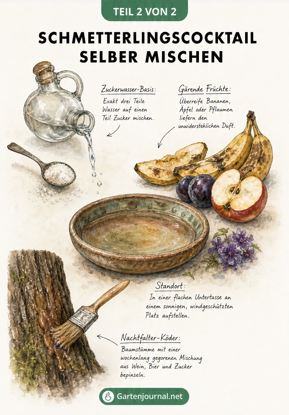 Illustration eines Schmetterlingscocktails mit einer Keramikschale, Zuckerwasser, überreifen Früchten und einem bepinselten Baumstamm für Nachtfalter.