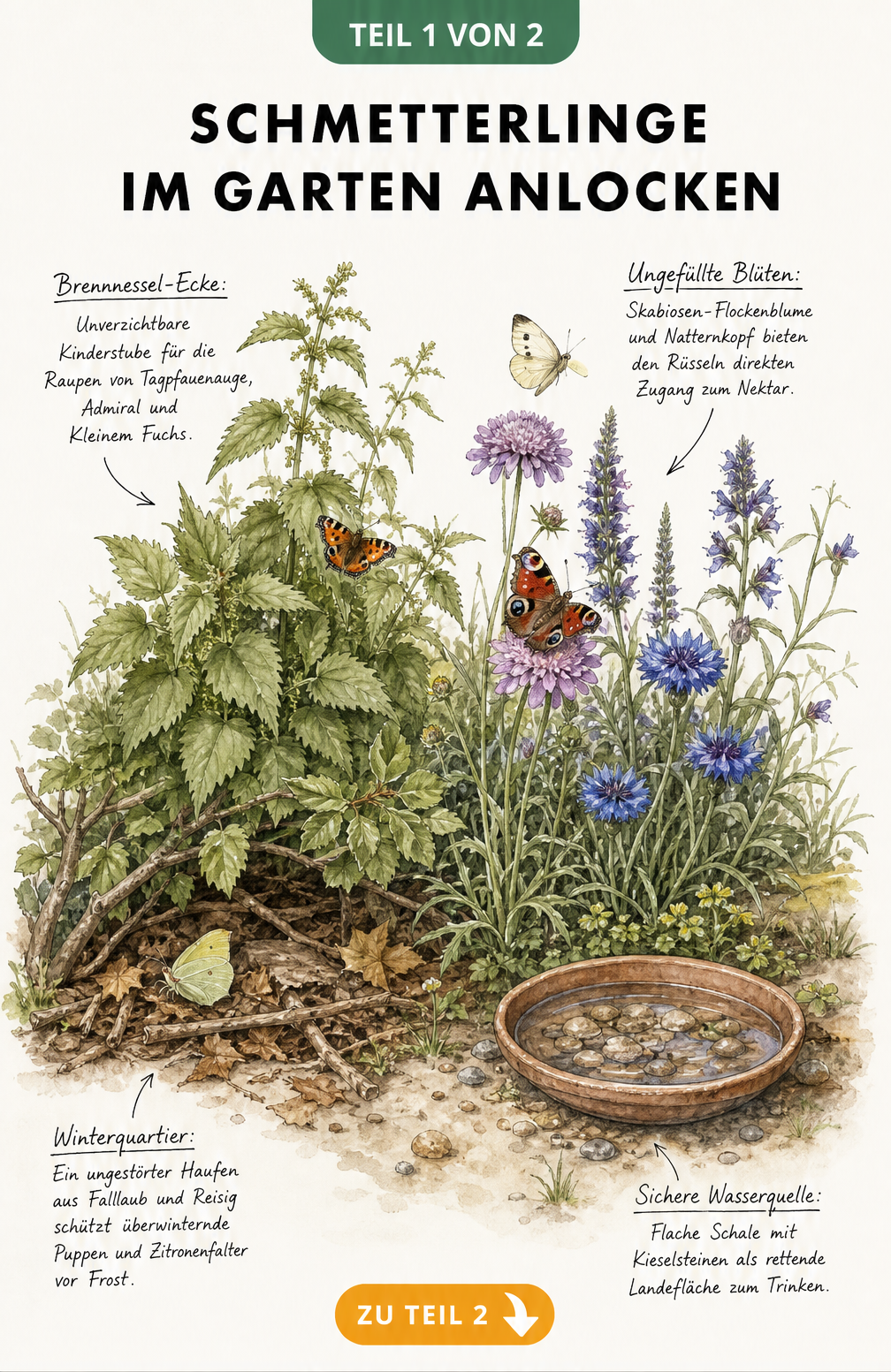 Aquarell-Illustration eines schmetterlingsfreundlichen Gartens mit Brennnesseln, Skabiosen, einer flachen Wasserschale und einem Winterquartier aus Laub.
