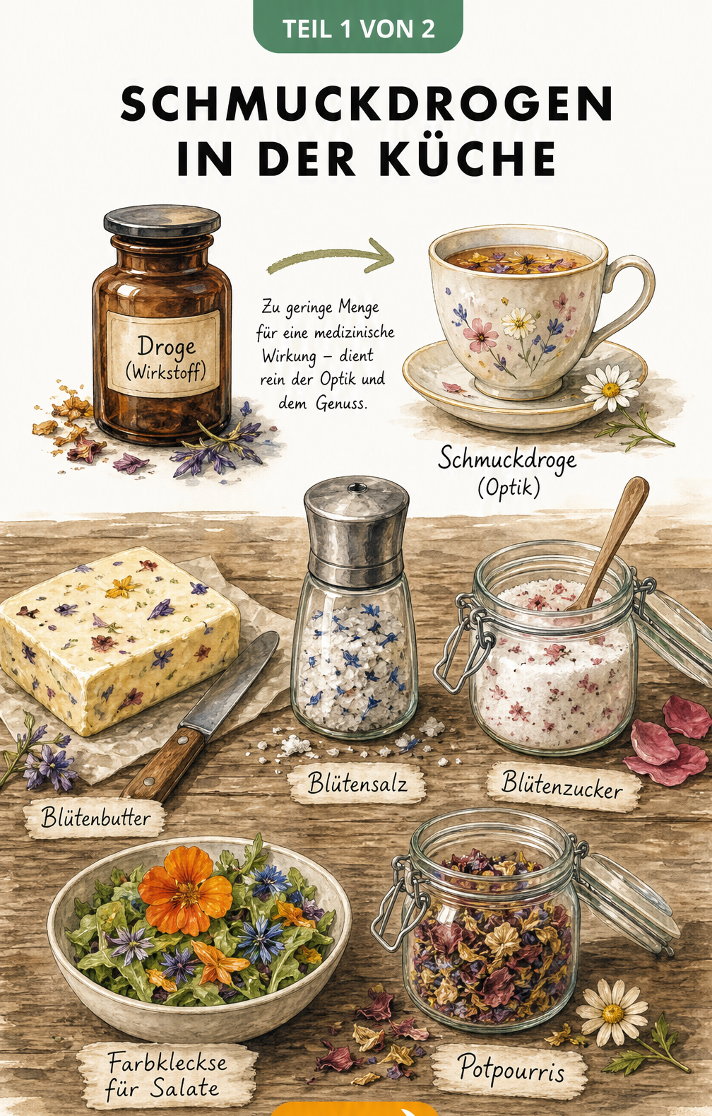 Aquarell-Illustration von Schmuckdrogen in der Küche mit Blütenbutter, Blütensalz und Blütenzucker