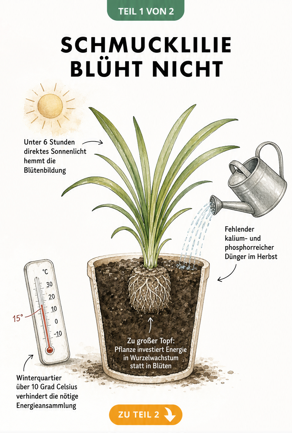 Illustration einer blütenlosen Schmucklilie im Kübel mit Hinweisen zu Lichtmangel, zu großem Topf, falscher Überwinterung und Nährstoffmangel